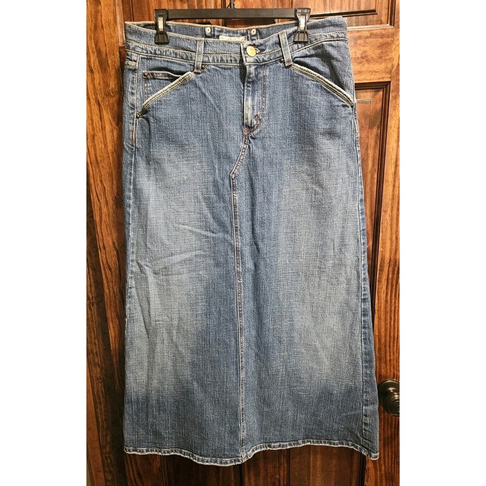 Levis Vintage Long Denim Maxi Skirt Size 13m Blue Distressed Hem Modest